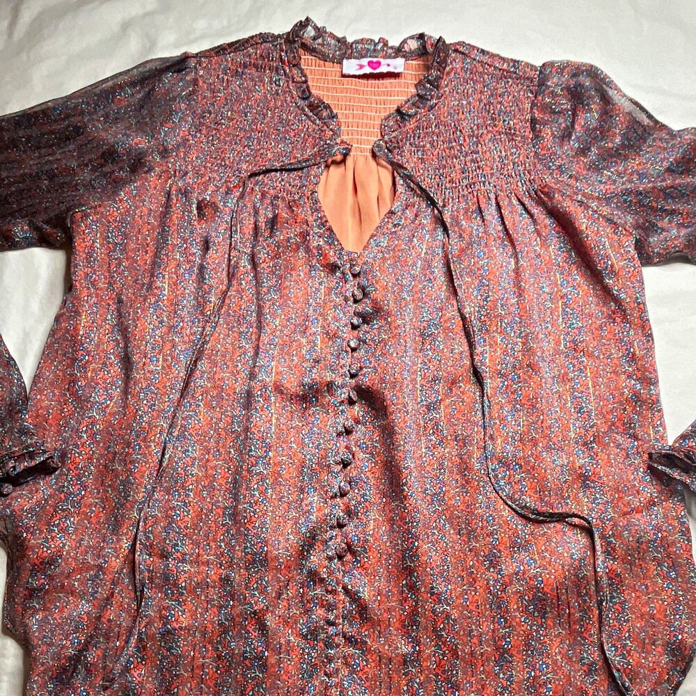 Buddy Love Women’s XS Pink Floral V-NeckPuff Long Sleeve Button Chiffon Blouse